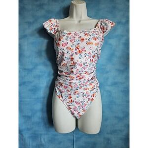 Hilinker Womens Floral Ruffle One Piece Swimsuit White Ruched XXL